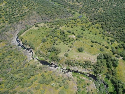 Vista aérea del yacimiento de Villasviejas de Tamuja, en Botija (Cáceres).