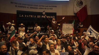 Manifestantes irrumpen al Senado de la República durante el debate por la reforma judicial en Ciudad de México, el 10 de septiembre.