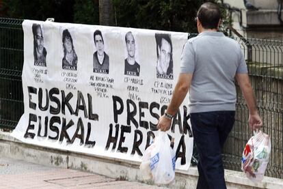 A sign featuring ETA prisoners in the Uribarri district of Bilbao in Spain’s Basque Country, in 2019.