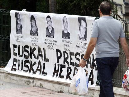 A sign featuring ETA prisoners in the Uribarri district of Bilbao in Spain’s Basque Country, in 2019.