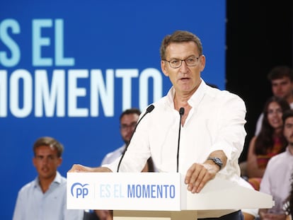 El presidente del Partido Popular, Alberto Núñez Feijóo, interviene durante un acto en el Auditorio de la Diputación de Alicante (ADDA), a 12 de julio de 2023, en Alicante.