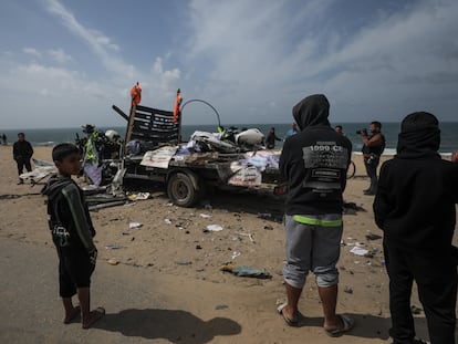 A humanitarian organization’s truck was destroyed by an Israeli attack in Deir al Balah, in southern Gaza, on Sunday.