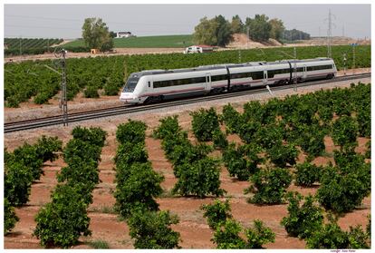 Un tren de media distancia de Renfe en campos de Andalucía en una imagen de archivo.