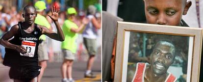 El fallecido Ngetich (izquierda) y  un niño con una foto de Sang en su funeral.