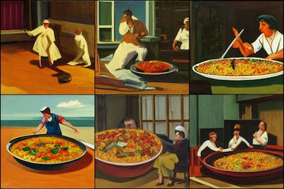 Una imagen creada por la Inteligencia Artificial LDM de CompVis, a partir del texto: «Una paella pintada por Edward Hopper».