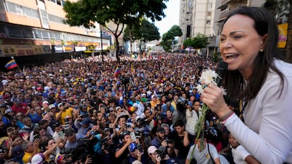 Opposition leader Maria Corina Machado addresses supporters during a protest against President Nicolas Maduro the day before his inauguration for a third term in Caracas, Venezuela, Thursday, Jan. 9, 2025.