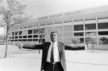 Laurie Cunningham poses in front of Real Madrid's Santiago Bernabéu stadium in 1982.