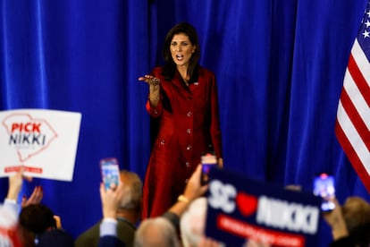 Republican presidential candidate Nikki Haley hosts a watch party during the South Carolina Republican presidential primary election, in Charleston.