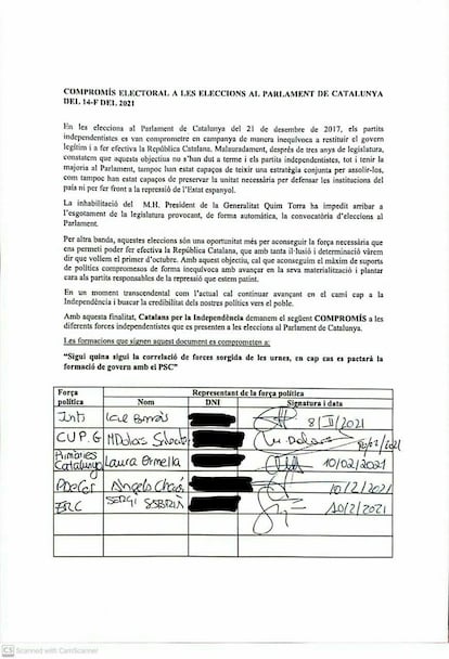 Compromiso por escrito de los partidos independentistas catalanes de no gobernar con el PSC en la Generalitat