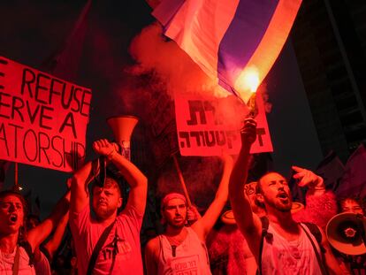 Israelis protest against plans by Prime Minister Benjamin Netanyahu's government to overhaul the judicial system in Tel Aviv, Israel, Saturday, July 29, 2023. (AP Photo/Tsafrir Abayov)