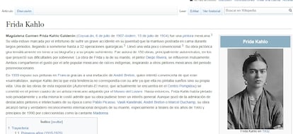 Página de Frida Kahlo en la Wikipedia en español.