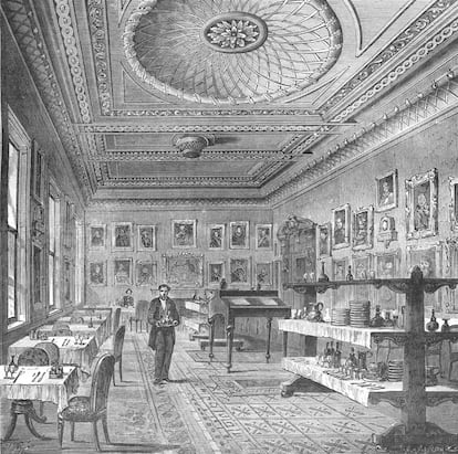 El comedor del Garrick Club en 1897, un dibujo de Edward Walford. 