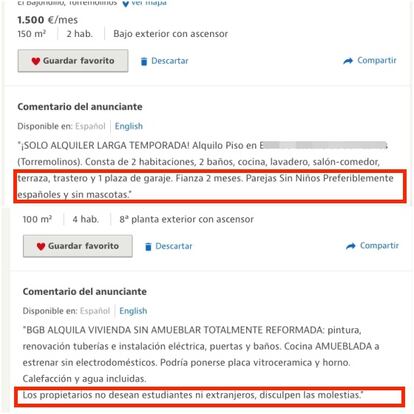 Ads published on Idealista. The first comment circled in red reads: “Preferably Spanish” and the second: “The owners do not want students or foreigners.”