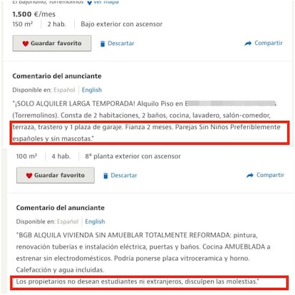 Ads published on Idealista. The first comment circled in red reads: “Preferably Spanish” and the second: “The owners do not want students or foreigners.”