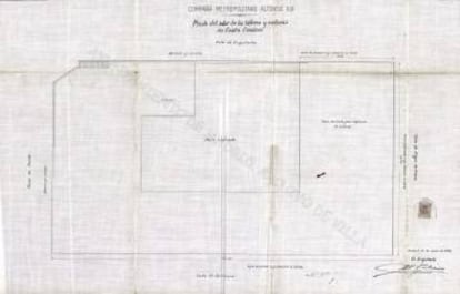 Plano de la planta de las cocheras firmada en su parte inferior derecha por el arquitecto Antonio Palacios.