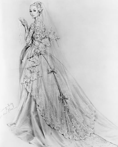 Un boceto del vestido que la figurinista Helen Rose diseñó para Grace Kelly (la prenda fue un regalo de los estudios MGM).