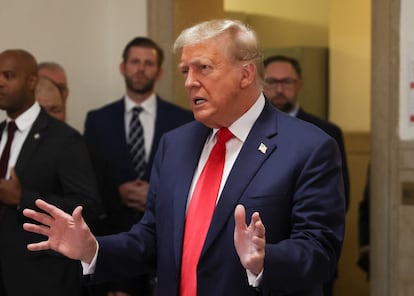 Donald Trump speaks as he arrives at a Manhattan courthouse in New York City, on October 3, 2023.