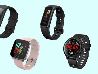 De izquierda a derecha: Xiaomi Amazfit Band 2, reloj Unotec bluetooth, Huawei Band 4 y reloj Unotec Fit Round.