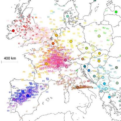 Lugar de origen de los 1.387 europeos estudiados, según su genoma.