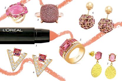 1.Barra de labios Sexy Balm de L'Oral tono 204. (8,95 euros), 2. Anillo de oro rosa con rubes, zafiros rosas y brillantes de RABAT (4.195?), 3. sortija con pav de zafiros dise?ada por Paloma Picasso para Tiffany & Co. (5.600?) 4. Pendientes peque?os tribales de DIOR (550?). 5. anillo con turmalina rosa con talla esmeralda de SU?REZ (c.?p.?v.). 6. Pendientes de SWAROVSKI (59 euros ) 7. pendientes de DUR?N Exquse (c.?p.?v.).