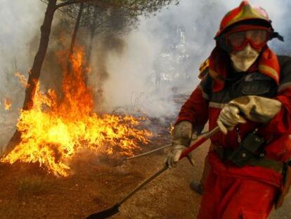 Un bombero intenta apagar las llamas en Torremanzanas (Alicante), donde ayer muri&oacute; un brigadista.