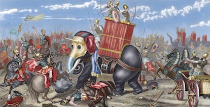 Representation of the battle of Zama (202 B.C.) between the armies of Hannibal and Publius Cornelius Scipio.