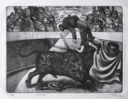 'Cogida. Tauromaquia onírica' de Lorenzo Goñi (1964). Aguafuerte/ aguatinta 25 x 32 cm.