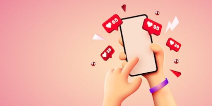 Cute 3D cartoon hand holding mobile smartphone with Likes notification icons. Social media and marketing concept.