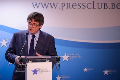 El expresidente de la Generalitat, Carles Puigdemont, durante su comparecencia de este jueves en Bruselas.