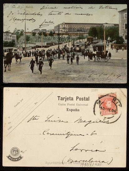 En la zona del cuartel de San Gil se encontraba también el cuartel de la Montaña, muy dañado durante la Guerra Civil, y el de Conde-Duque, que aún sigue en pie. La imagen es de una postal de 1903, enviada un año más tarde.