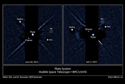 Dos imágenes de la etiqueta del sistema satelital de Plutón tomadas por el telescopio espacial Hubble con una cámara ultravioleta. La imagen de la izquierda fue tomada el 28 de junio y la de la derecha, el 3 de julio.