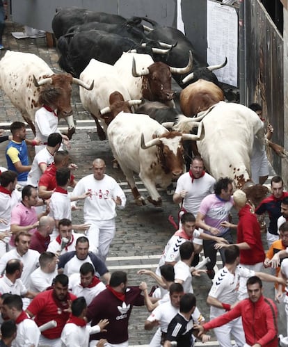 Los corredores. ante los toros de la ganadería Puerto de San Lorenzo, que han abierto este domingo los encierros de los sanfermines de 2019.