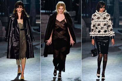 La española Marta Ortiz, Lara Stone y Binx Walton sobre la pasarela.