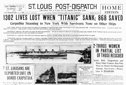 La noticia, en la portada del 'St. Louis Post-Dispatch'. La cifra oficial de muertos fue de 1517; tan solo sobrevivieron 705 personas.