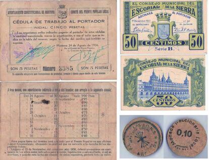 Varios billetes y monedas usados como forma de pago durante la Guerra Civil.