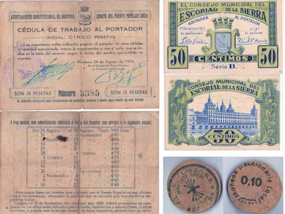 Varios billetes y monedas usados como forma de pago durante la Guerra Civil.