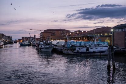 Al amanecer, los barcos de pesca de arrastre descargan sus capturas en el Mercado Pesquero de Chioggia, uno de los mayores del norte del mar Adriático. Venecia, Italia, 7 de julio de 2016. Los pesqueros son una de las fuentes más frecuentes y extendidas de contaminación acústica submarina.