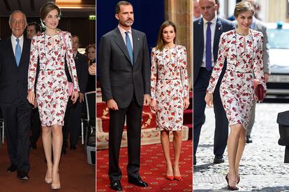 De nuevo Carolina Herrera, una de sus diseñadoras de cabecera, está detrás de este vestido floral que ha llevado en tres ocasiones: desde Japón a Gran Canaria. Un apunte: el bolso de cadena de la foto de la izquierda es de Uterqüe.