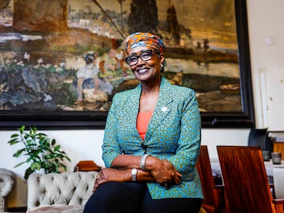 Winnie Byanyima, executive director of UNAIDS, at the cafeteria of the Círculo de Bellas Artes in Madrid.