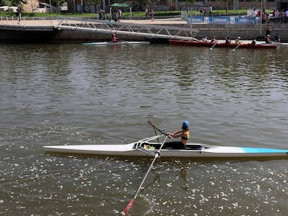 Aficionados al remo practican su deporte en el río Manzanares en el último día antes de abrir la presa nº 9. 