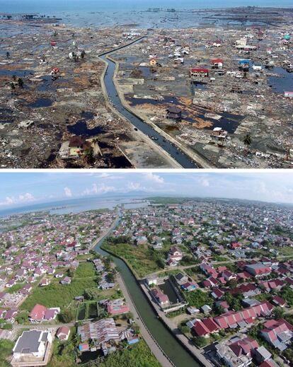 Aquesta composició mostra una imatge panoràmica de la ciutat de Banda Aceh després del tsunami. La població apareix parcialment inundada i amb només uns quants edificis que han aconseguit resistir la força de l'onada. En la mateixa panoràmica deu anys després, Banda Aceh apareix reconstruïda i l'aigua ha estat drenada de les zones de la ciutat que continuaven inundades després del desastre. Fotografies fetes el 5 de gener per Choo Youn-Kong i per Chaideer Mahyuddin l'1 de desembre del 2014.