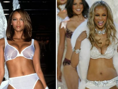 Tyra Banks, en el desfile de Victoria&#039;s Secret en 1998 y de 2003.