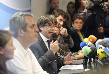 Former Catalan regional premier Carles Puigdemont at today’s press conference.