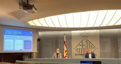 El director general de Barcelona Activa, Fèlix Ortega, y el primer teniente de alcalde, Jaume Collboni, presentan el proyecto Barcelona Accelera.