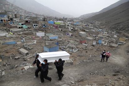 Los trabajadores del cementerio llevan el ataúd que contiene los restos de Wilson Gil, quien según sus familiares murió por complicaciones relacionadas con la covid-19, a un sitio de entierro en el cementerio Mártires 19 de Julio en las afueras de Lima, Perú, el miércoles 26 de agosto. 2020.