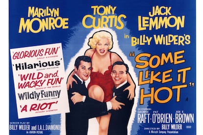 Cartel de la película Con faldas y a lo loco (1959) en la que comparte protagonismo con Jack Lemmon y Tony Curtis, y gracias a la que ganó un Globo de Oro a Mejor Actriz de Comedia o Musical.