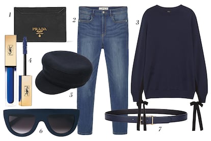 1. Prada Tarjetero 2. Mango Vaqueros pitillo 3. Clu Sudadera con detalle en las mangas 4. Yves Saint Laurent Máscara de pestaña Vinyl en azul 5. Isabel Marant Gorra de aires marineros 6. Céline Gafas de sol 7. Loewe Cinturón de piel.