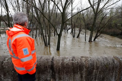 Caudal del río Manzanares a la altura del puente de San Fernando, este viernes en Madrid. 