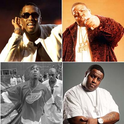 En el sentido de las agujas del reloj, Sean <i>Diddy </i>Combs en una actuación en febrero en Nueva York; Notorious B.I.G., poco antes de ser asesinado; Jamal <i>Gravy</i> Woolard, que encarnará a Notorious en la gran pantalla, y Tupac Shakur escupe a un fotógrafo a la salida de un juicio en 1994.