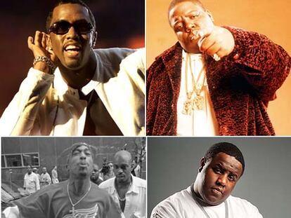 En el sentido de las agujas del reloj, Sean <i>Diddy </i>Combs en una actuación en febrero en Nueva York; Notorious B.I.G., poco antes de ser asesinado; Jamal <i>Gravy</i> Woolard, que encarnará a Notorious en la gran pantalla, y Tupac Shakur escupe a un fotógrafo a la salida de un juicio en 1994.